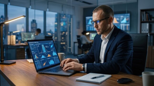 A businessman at a polished executive desk using a laptop to analyze statistical business data modeled on normal distribution and probability curves, bell-curve graph dashboards and modelling strategy