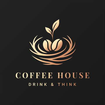 Coffee logo design with coffee beans in a bird nest. Luxury golden emblem for cafe, cafeteria or roastery company on black background.