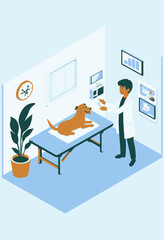 Fototapeta premium Illustration of a Veterinarian Examining a Dog on a Table in a Modern Veterinary Clinic Room with Medical Charts and Equipment