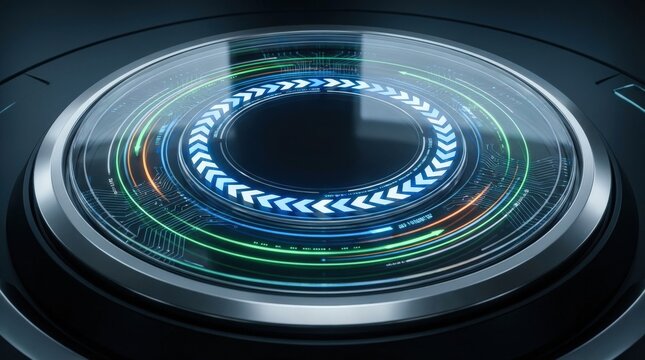 A circular digital system with rotating arrow-like elements forming a continuous cycle, integrated circuitry and glowing lines suggesting flow and repetition, clean modern composition, cinematic