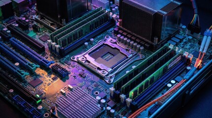 Fototapeta premium A glowing server motherboard with vibrant colors and dense circuitry, cinematic lighting and depth, ultra-detailed, shot on Sony A1, 85mm lens, f/2.5, 8K\