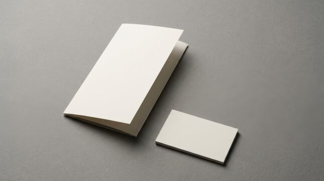 A bi-fold brochure and card mockup on a gray background with blank surfaces, folded layout with soft shadows and clean edges, professional presentation style, shot on Sony A7IV, 85mm lens, f/3.2, 8K\