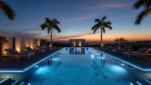 Luxury swimming pool at dusk with palm trees, lounge chairs and illuminated blue lights creating a serene resort ambiance.