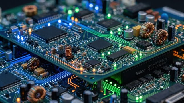 A richly detailed circuit board filled with processors and glowing electronic elements, vibrant colors and layered depth creating a complex digital environment, cinematic lighting, ultra-realistic,