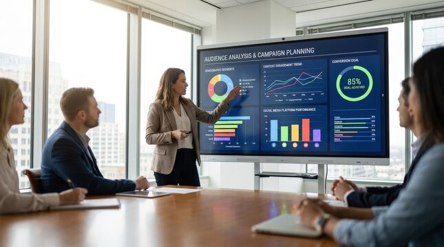 A digital marketing director in a bright agency boardroom, standing near a large interactive screen showing an audience analysis and campaign planning dashboard with demographic segmentation charts,