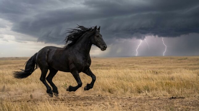 A breathtaking black Friesian horse galloping at full speed across an open prairie field, its lustrous coat and flowing mane rippling dramatically in the wind, a dark stormy sky with lightning