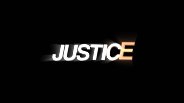 Modern justice text animation on dark background with smooth motion blur, bold white letters and subtle purple accent creating strong and cinematic intro feel.