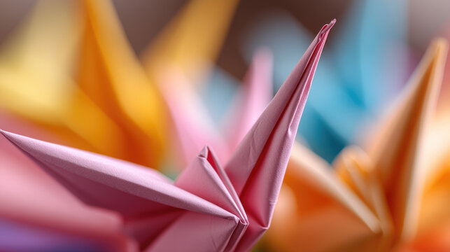 Pink paper crane stands in focus among a vibrant, diffused background of other origami birds, embodying delicate craftsmanship and profound symbols of peace, hope, and healing