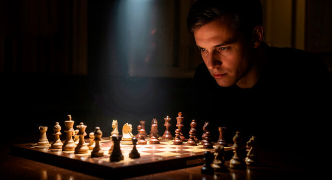 Young man intensely focused on a chess game, contemplating his next move