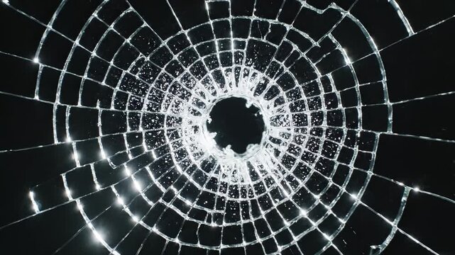 This captures a close-up view of a shattered glass surface with a large hole in the center, showcasing a web-like pattern of cracks and shards in a dark background, often used in crime scene