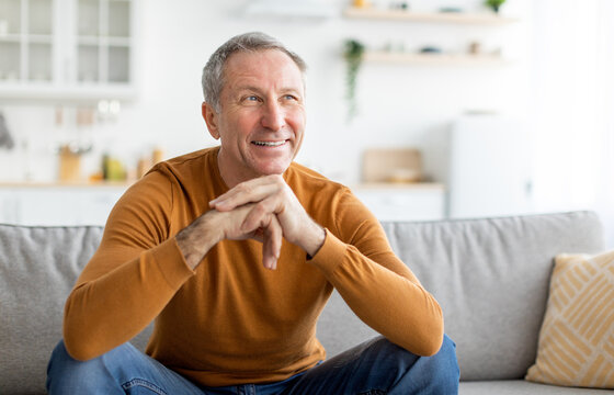 Portrait of cheerful casual senior man smiling and looking away, sitting on sofa couch in living room. Excited grandfather resting at home dreaming about something pleasant, free copy space