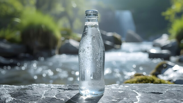 A refreshing glass bottle of water with condensation on a rock by a flowing stream and waterfall in a natural, serene environment.