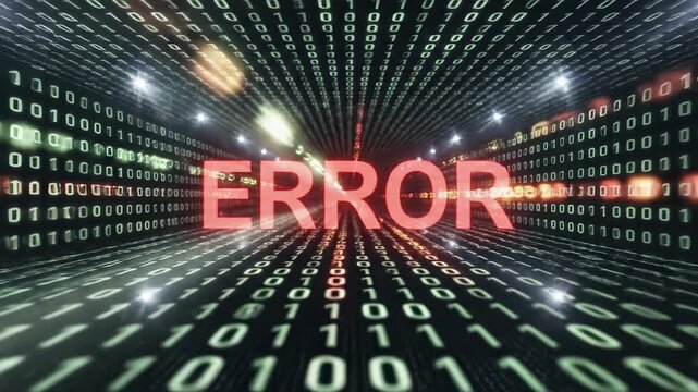 This features a digital error screen with a tunnel of binary code and a prominent red error message in a futuristic virtual space, illustrating technical difficulties and system failure in a visually