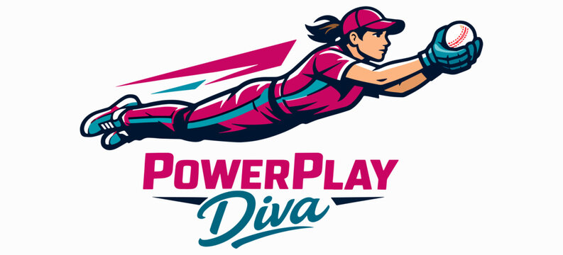 PowerPlay Diva Softball Logo Featuring Diving Female Player Catching Ball In Dynamic Athletic Vector Design Representing Strength Agility Determination And Competitive Spirit