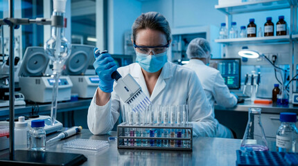Fototapeta premium Scientist in protective gear meticulously works with a multichannel pipette in a modern laboratory setting