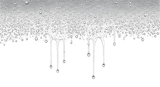 Isolated raindrops falling on a transparent background with a dark grey surface above