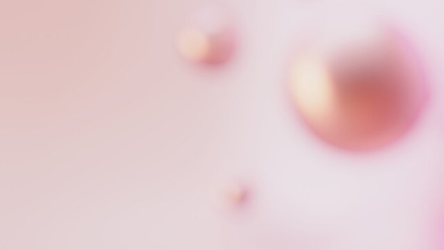 3D rendering of shiny metallic gold sphere with rotating small objects on blurred pink and white background. Premium soft lighting and copy space on the left side for creative design or text.