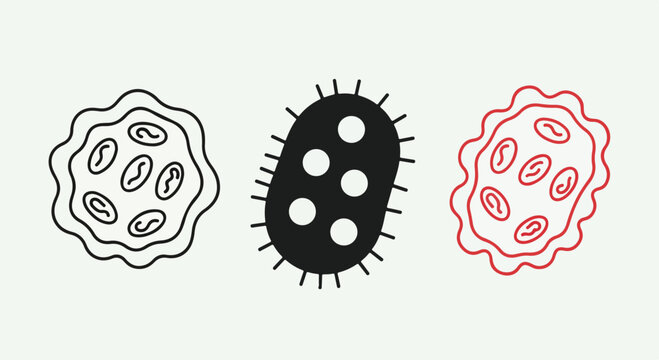 Graphic illustrations of bacteria cells in black line, filled black, and red outline styles on a white background.