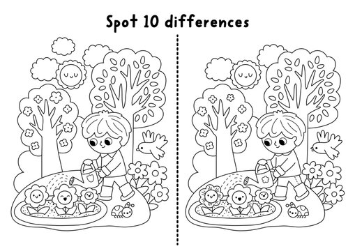 Garden black and white find differences game for children. Spring line educational activity with boy gardener watering flower. Puzzle for kids. Printable worksheet, coloring page, nature scene