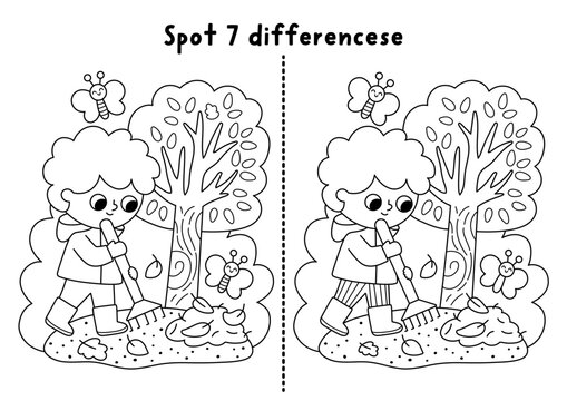 Garden black and white find differences game. Spring line educational activity with boy gardener raking leaves with rake. Puzzle for kids. Printable worksheet, coloring page, nature scene