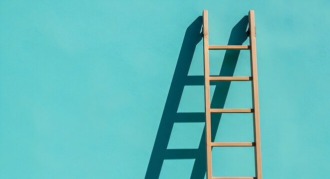 Wooden ladder casting a long shadow against a vibrant turquoise wall leaning
