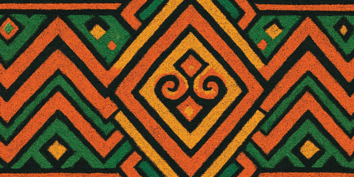 Abstract Vibrant green, orange, and yellow tribal pattern on fabric background with texture.