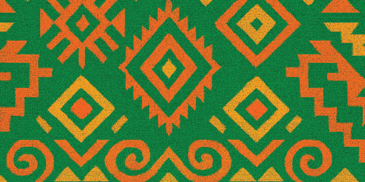 Abstract Vibrant green, orange, and yellow tribal pattern on fabric background with texture.