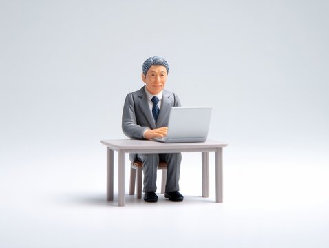 ノートパソコンのキーボードを操作しながら穏やかに微笑むグレーのスーツを着たシニアのビジネスマン