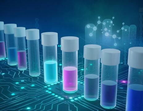 Glowing liquid in lab vials rests on a digital network. Scientific research highlights drug development. Biotechnology experiments test new cures. Healthcare progress in a futuristic lab.