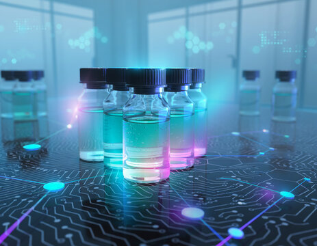 Glowing liquid in lab vials rests on a digital network. Scientific research highlights drug development. Biotechnology experiments test new cures. Healthcare progress in a futuristic lab.