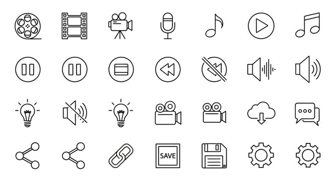 Digital Media, Playback & UI Interface Thin Line Icons Set. Audio, Video, Web & App Control Outline Symbols Collection.