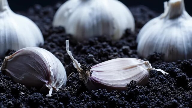 Close-Up of Garlic Cloves and Bulbs Growing in Dark Soil