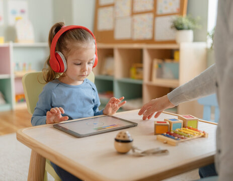 A child with red headphones listens to sound, focusing on auditory input for learning and sensory development. Early education for kids with developmental differences, exploring noise and sound.