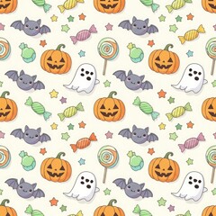 Fototapeta premium Halloween pattern with pumpkins bats ghosts and candy for spooky fun