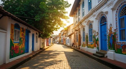 Fototapeta premium Cobblestone street lined with vibrant, painted buildings bathed in sunlight