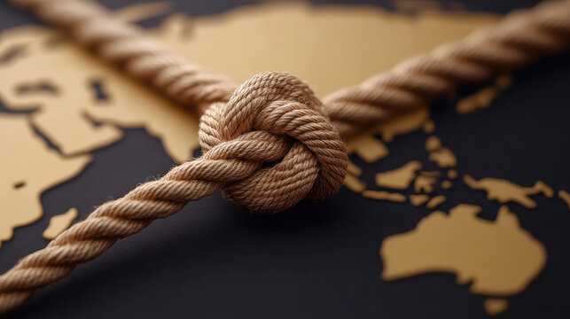 Rope with a tight knot across a world map illustrating global slavery and the struggle for human rights. International Day for the Remembrance of the Slave
