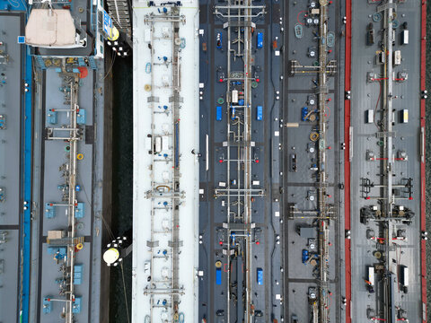 Aerial view of oil tankers in the port of Rotterdam
