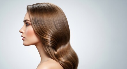 Fototapeta premium A stunning young woman's side profile reveals lustrous, perfectly styled brown hair, showcasing vibrant health and an elegant, well-cared for appearance, emphasizing beauty and confidence