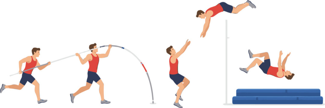 Male athlete performing pole vault jump sequence showing approach plant clearance and landing for track and field sports training.