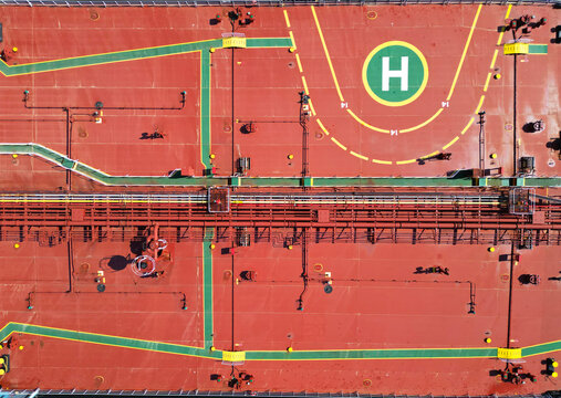 Aerial view of a large oil tanker in the port of Rotterdam