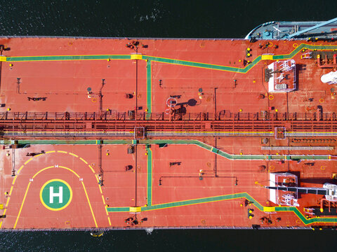 Aerial view of a large oil tanker in the port of Rotterdam