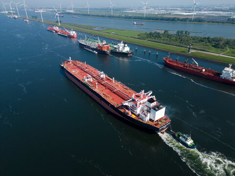 Rotterdam, The Netherlands - May 19th 2024 -Aerial view of an oil tanker in the port of Rotterdam