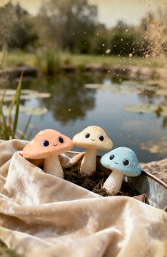 Polaroid aging photo, 3 cute mushroom figures in front of pond. jpg, 101.5M, 4800x7392px, 16x24.64in, 300dpi