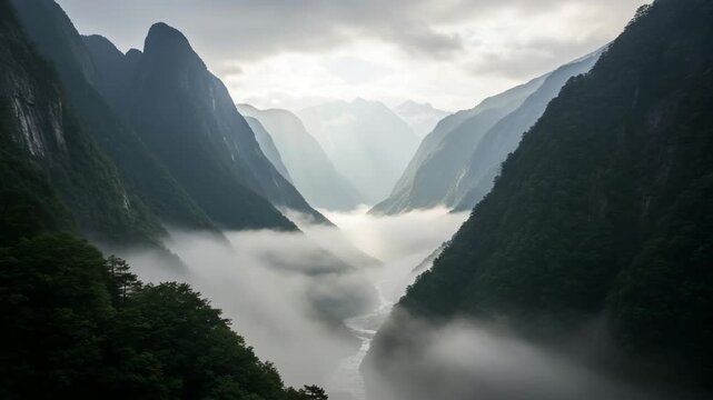 Mountain valley covered in mist and fog at sunrise serene nature landscape scenic view 4K Ai HD high quality video.