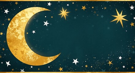 Naklejka premium Crescent moon and stars on a teal background with a gold border, creating a celestial design