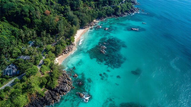 Nai Thon beach in Phuket, Thailand, offers a tropical paradise with clear, turquoise waters, viewed from an amazing aerial perspective.