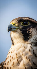 Fototapeta premium Close-up portrait of a majestic peregrine falcon with sharp eyes and detailed feathers, showcasing its predatory nature against a soft