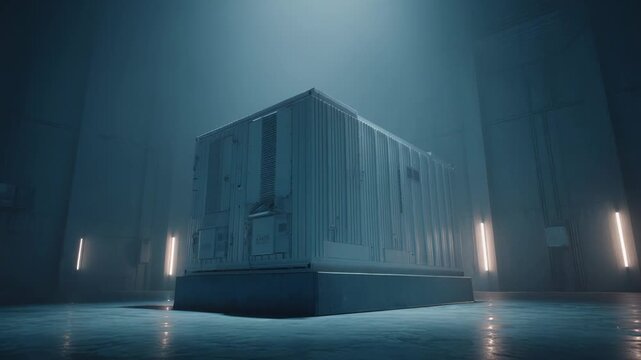 Large server container unit working inside a cold storage facility, illuminated by subtle light, representing concepts of data, technology, and cybersecurity in a modern, industrial environment