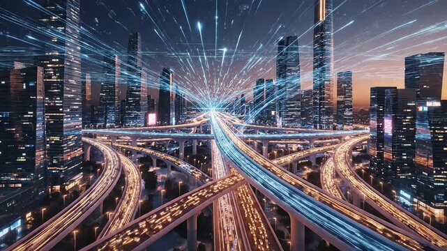 This captures a stunning aerial view of a modern city's transportation system at dusk. The complex highway network and sleek skyscrapers are set against a vibrant digital network, showcasing the city