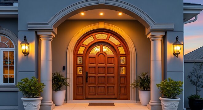 Elegant exterior of a house entrance at dusk with lit lamps and a grand wooden door